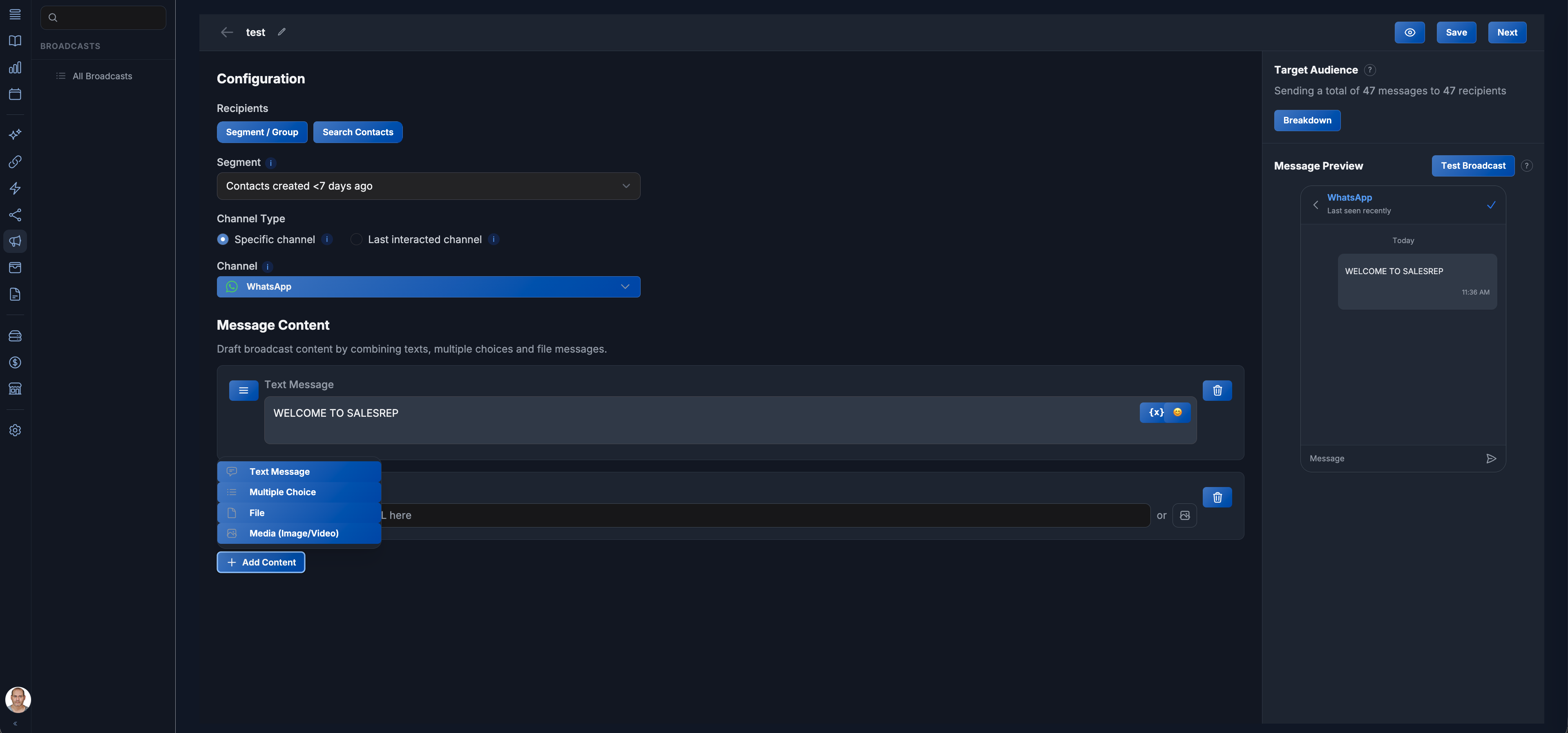 SalesRep Broadcast Campaigns